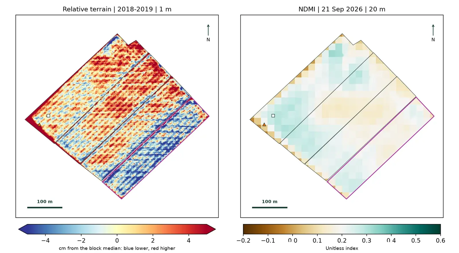 1 m relative LiDAR terrain map next to the NDMI map of the same block.