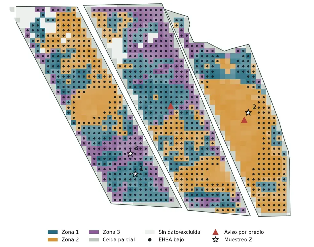 Mapa de tres zonas de manejo candidatas con señales EHSA y puntos de muestreo.