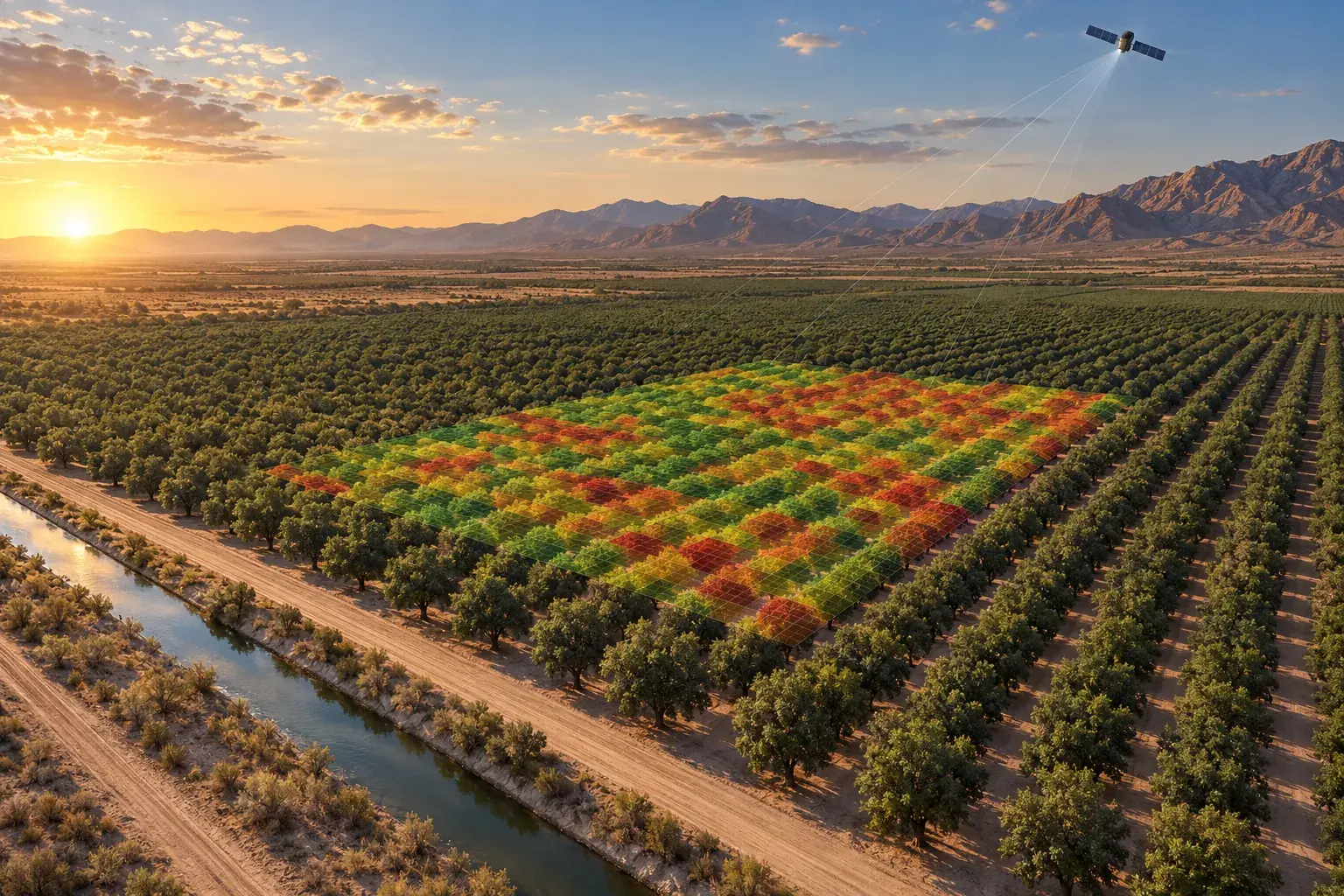Illustration: orchard at sunset seen from the air, with a vegetation-index map over one block and a satellite overhead.